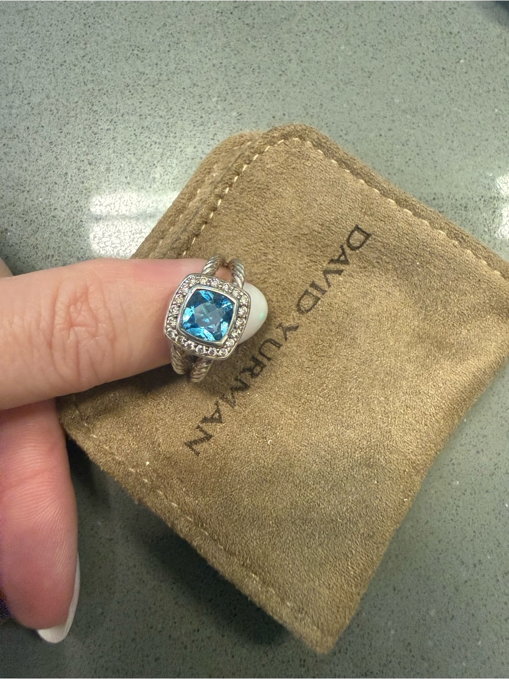 David Yurman Blue Topaz and Diamond Cable Ring - Silver size 5.5